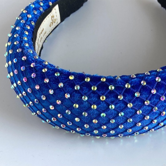 Blue Padded 1.5” Headband with Rhinestone-Adorned Mesh Overlay Handmade - Picture 6 of 10